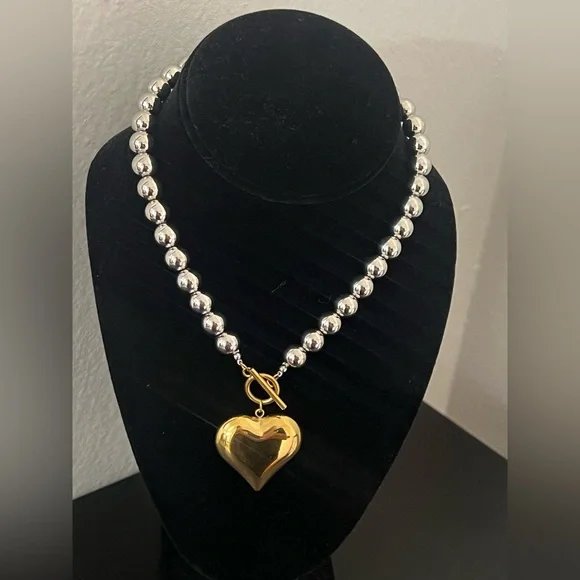 Two-Tone Heart Pendant Necklace | 18k Gold Plated & Stainless Steel | 40 cm - Picture 6 of 7